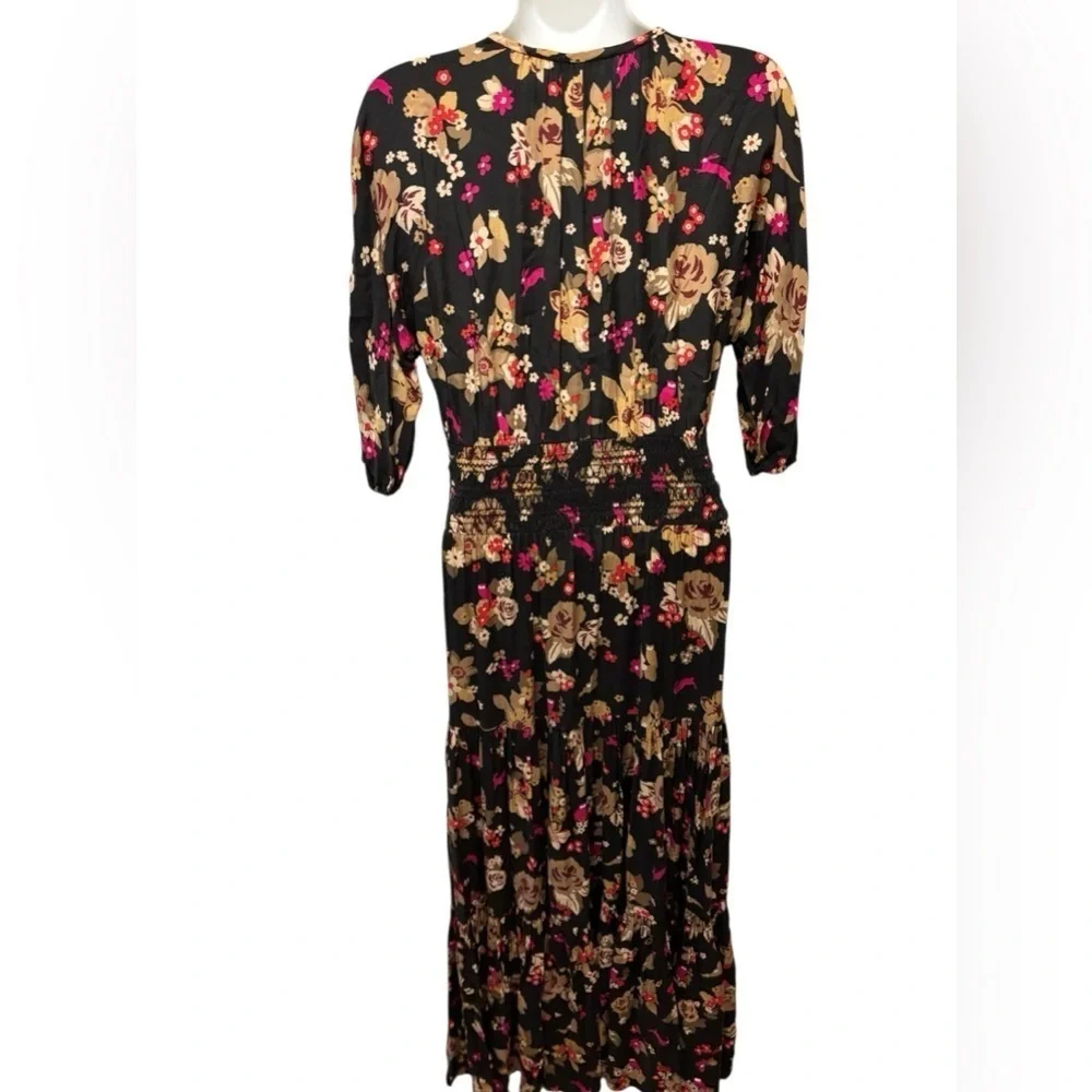 Kate Spade Floral Bouquet Silk Twill Midi Dress Sz XS Smocked Tiered Fall Love